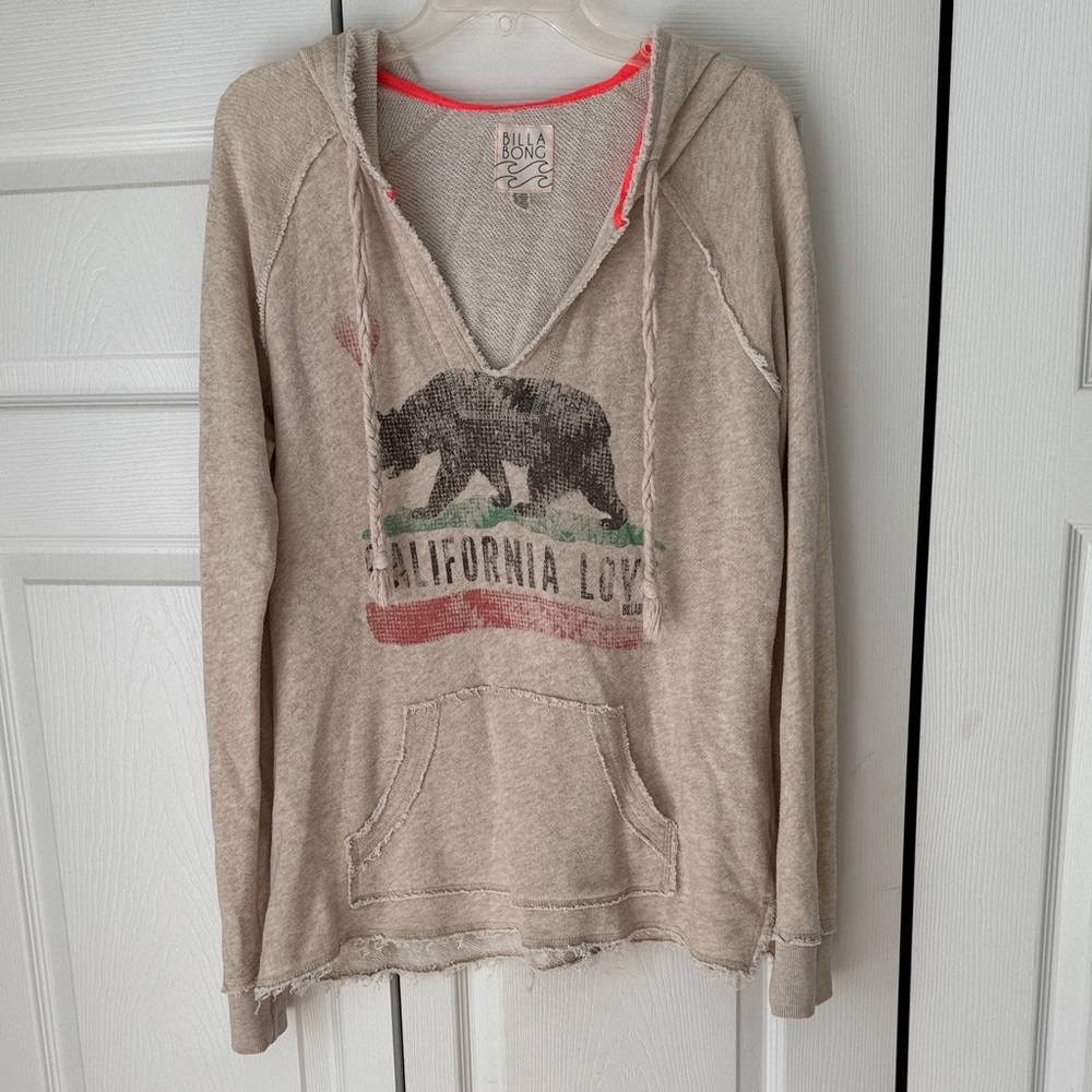 Billabong Beige California Love V-Neck Sweater Beach Tunic Hooded size L boho